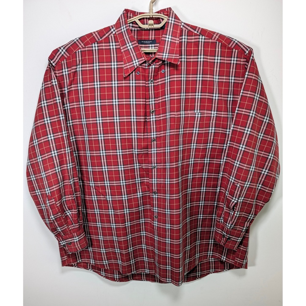 Vintage Burberry Mens Button Down Shirt XXL Plaid Cotton Red Black Made in USA
